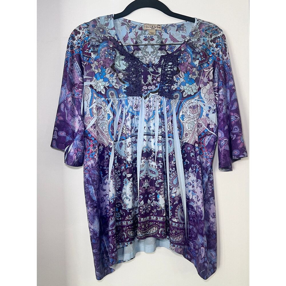 Live and Let Live Perigee Boho Paisley ¾ Sleeve Top — Purple/Blue, Size Petite M